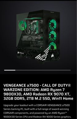 VENGEANCE a7500 - CALL OF DUTY® WARZONE EDITION: AMD Ryzen 7 9800X3D, AMD Radeon RX 9070 XT, 32GB DDR5, 2TB M.2 SSD, Win11 Home