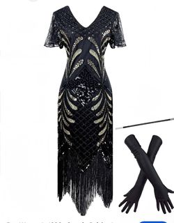 New without tag, Elegant black mesh flapper dress with gold and silver sequin
