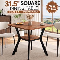 31.5” Square Dining Table for 2-4 with Storage Shelf – Walnut