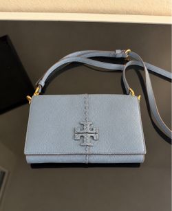 Tory Burch McGraw Blue Gray Leather Crossbody Bag