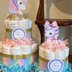 2 PINK BLUE GOLD PURPLE unicorn Theme Diaper Cakes