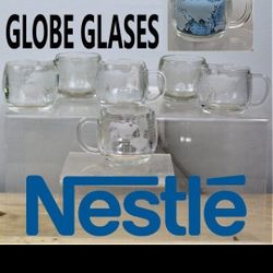 Set of 6 Nestle Nescafe World Globe Etched Glass Clear Coffee Tea Mugs