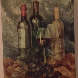 Vintage Oil Painting Wine Bottles And Glasses