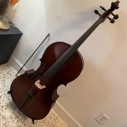 Beautiful Cello With Bow, Resin & Metal Stand 