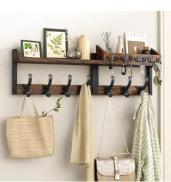 29" Coat Rack Wall Mount with Shelf for Entryway, Rustic Brown