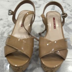PRADA Nude Patent Leather And Cork Wedge Sandals Size 37 - Great Condition- Originally $495.    Asking $175