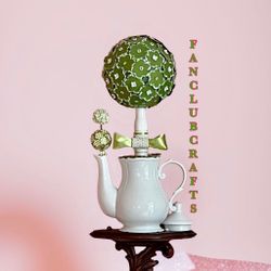 White Ceramic Teapot & Lid with Paper Flower Topiaries 