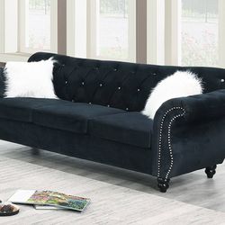 Black Sofa With Accent Pillows And Crystal-Tufting 