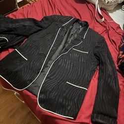 ASOS DESIGN skinny pyjama suit jacket with piping in black  