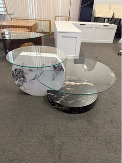 New 2 Tier Round Glass Coffee Table lTempered Glass Tabletop Faux Marble Base