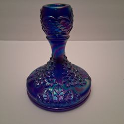 VINTAGE FENTON BLUE CARNIVAL GLASS ORANGE TREE CANDLE STICK HOLDER (1)-SIGNED....asking $40.00