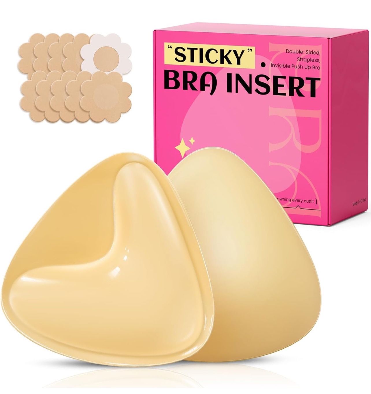 Double Sided Sticky Bra Inserts, Invisible Push Up Sticky Bra Pads for Large Breasts, Stick on Bra for Bikini Swimsuits (Medium, Beige) #1 New Release