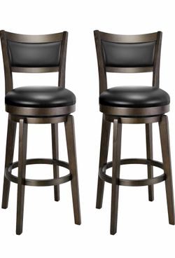 PrimeZone Swivel Bar Stools Set of 2, 30 Inch Bar Height Barstools, Black Faux Leather Bar Stool with High Backrest & Solid Wood Legs & Wrap-Around Fo