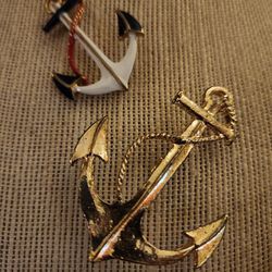 Two Vintage Nautical Anchors Brooches