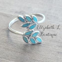925 Sterling Silver Leaf Design Genuine Turquoise Ring Size 6 Boutique BNWT