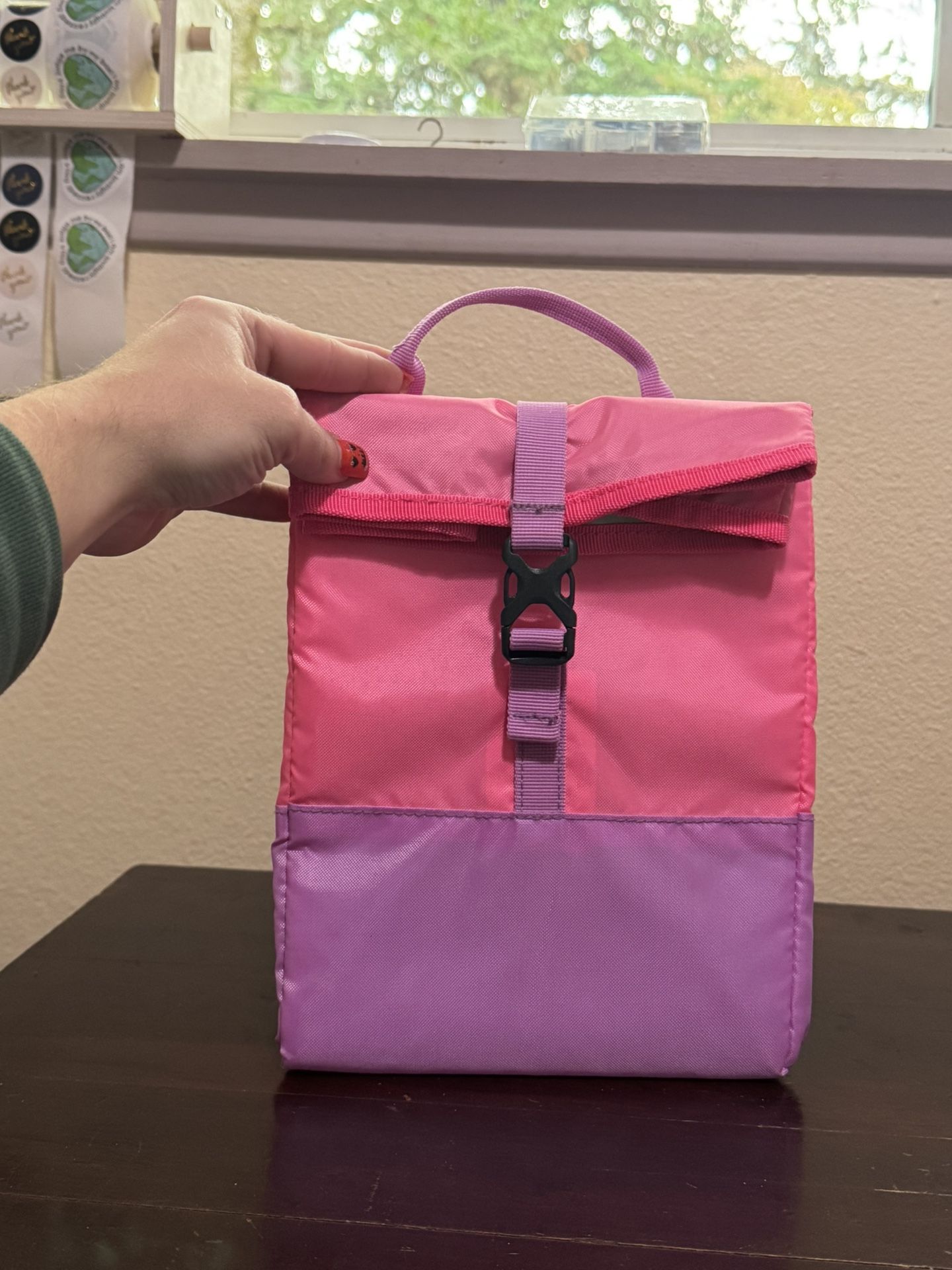 Your Zone Insulated Roll-Top Lunch Bag Pink And Purple NWT