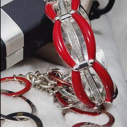 Bangle Bracelet & Loop Necklace Set Red & Silver Set