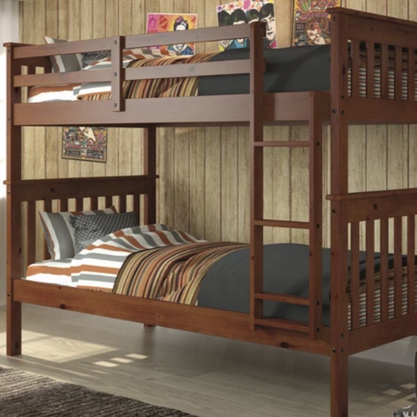 Brand New Twin Over Twin Size Wooden Cappuccino Bunk Bed With 2 New Mattress