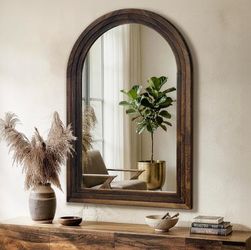 New 36 x 24 Inch Arched Bathroom Wall Mirror - Brown Wood Layered Frame Vintage Vanity Mirror for Entryway, Living Room, Bedroom