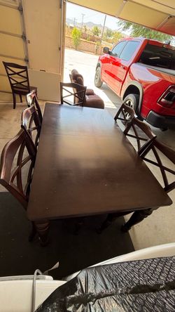 Dark Wood Dining Table set with 8 chairs and matching serving table