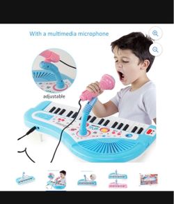 New! Blue Kids Piano Toy W/ Microphone