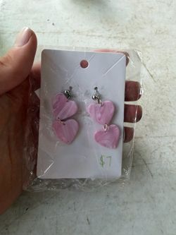 Pink Marbled Heart Clay Drop Earrings
