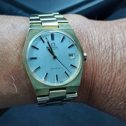 Vintage 1970s beautiful Omega Geneve Auto Wind up calendar Gold filled  Men's Watch 35mm, SERVICED.