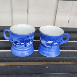 2 Vintage Currier & Ives Blue & White Mugs