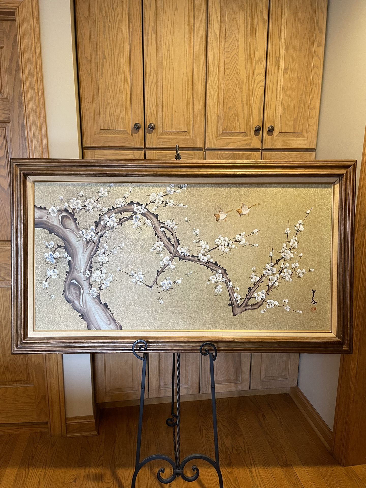 Antique Signed Japanese Birds And Cherry Blossoms Oil Painting