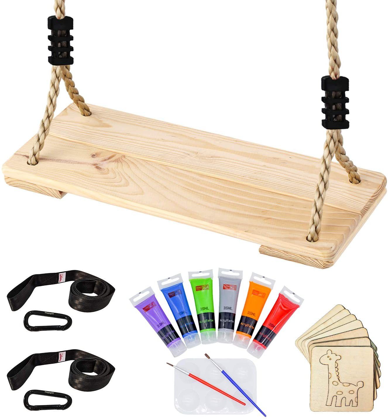 Kids Wooden Tree Swing Set with Painting Accessories, Outdoor Swings Seat