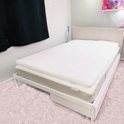 IKEA Full Bedframe, Mattress, Foam Mattress topper, with two large under bed storage drawers
