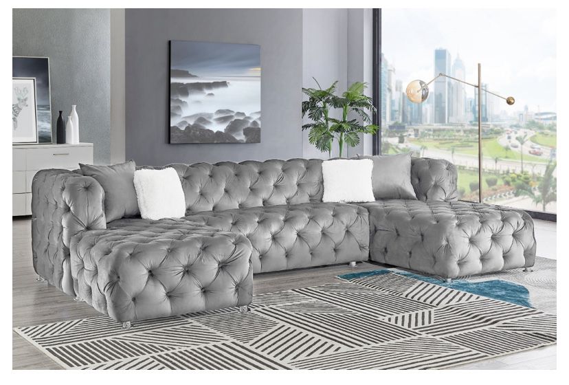 New Queen Grey Velvet Sectional Tufted U-Shaped