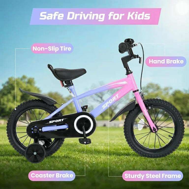 16” Kids Bike for Boys and Girls with Kickstand, Training Wheels & Dual Brakes – Gradient Purple