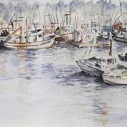 Original watercolor painting - boats at harbor