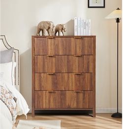 4 Drawer Walnut Dresser with Fluted Design and Gold Pulls