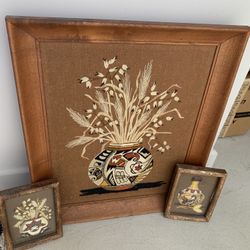 Vintage Crewel Framed Native American Pottery Vase Fiber Art
