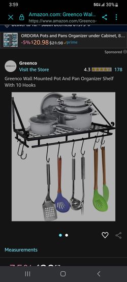 New  Greenco Wall Mounted Pot and Pan Organizer Shelf With 10 Hooks