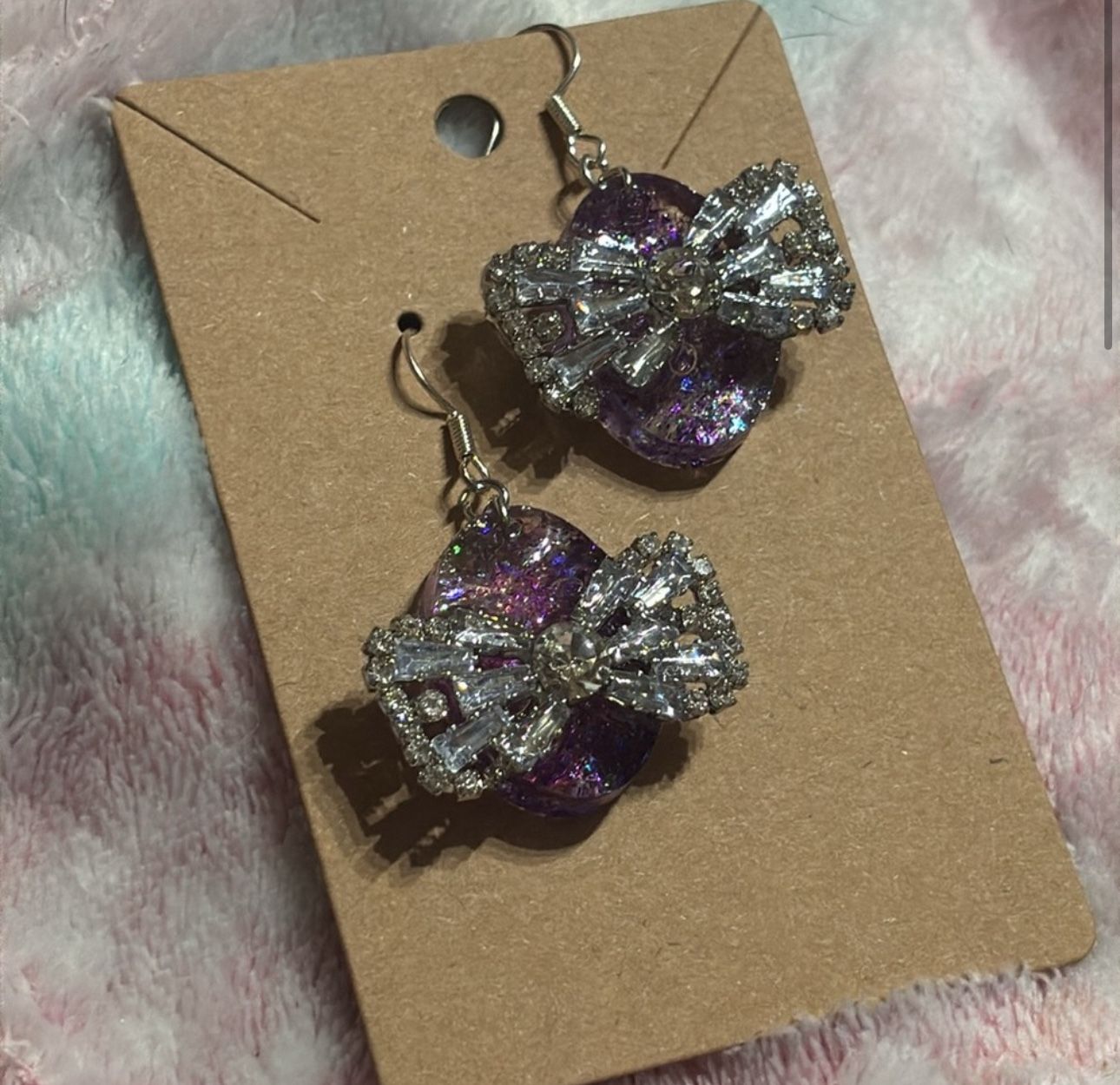Purple Ovals with Silver CZ Bow Earrings