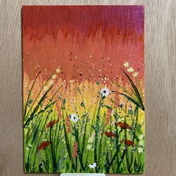 Sunny Wildflowers Original Acrylic Painting With BeautifuI Iridescent Colors, Artist Signed, 5 x 7