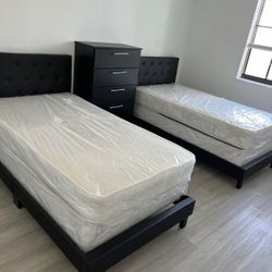 TWO NEW BED FRAME WITH MATTRESS AND BOX SPRING 6PCs