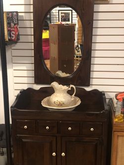 Vintage 20th Century Traditional Ethan Allen Dry sink, mirror, and bowl