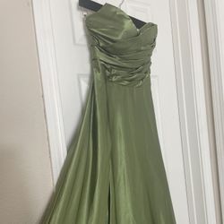 Olive Green Satin Strapless Formal Dress – Size 2–4