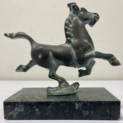 Vintage Bronze Horse Figurine with Green Patina on Marble Base Gansu Sculpture (#1119)