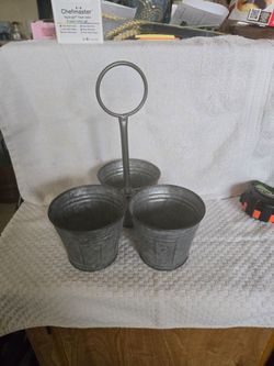 Galvanized Metal 3-Bucket Caddy with Handle