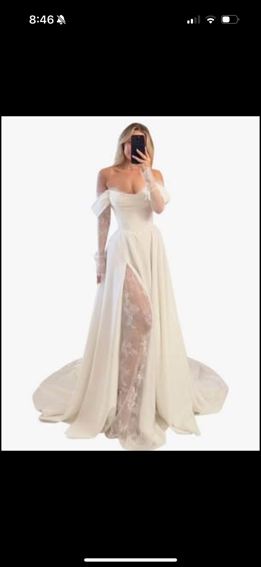 Off Shoulder Satin Wedding Dress Lace Long Sleeve Corset A-Line with Slit
