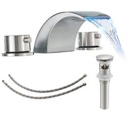 Widespread Bathroom Faucet Brushed Nickel 3 Holes with Pop Up Drain Assembly with Overflow and Supply Line Led Waterfall 8 Inch 2 Handles Bathroom Lav