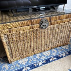 Fabulous Vintage Wicker Trunk Coffee Table with Storage and Glass Top Boho Chic Bohemian Woven