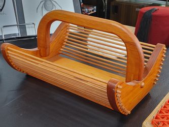 Vintage T. Schwab Wickford R.I. Rhode Island Solid Wood Hand Basket with Handle MCM Scandinavian Style Magazine Newspaper Fruit Sewing Yarn Basket