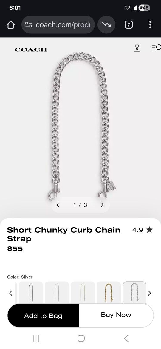 NWT Coach Chain Strap 23" Silver