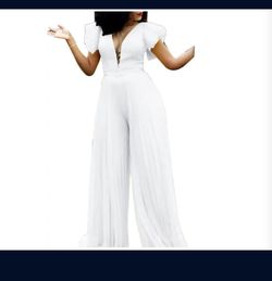 Womens Short Sleeve Deep V Neck Playsuits Casual Soft Wide Leg Trousers Jumpsuits